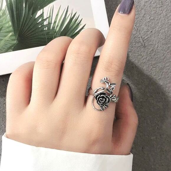 Vintage Sterling Silver Rose Ring, Adjustable, Flower, Boho - Picture 2 of 6